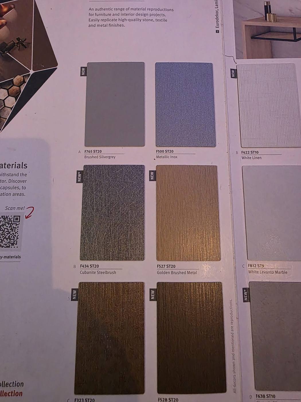 Egger premium furniture board decor samples including brushed metal and marble finishes